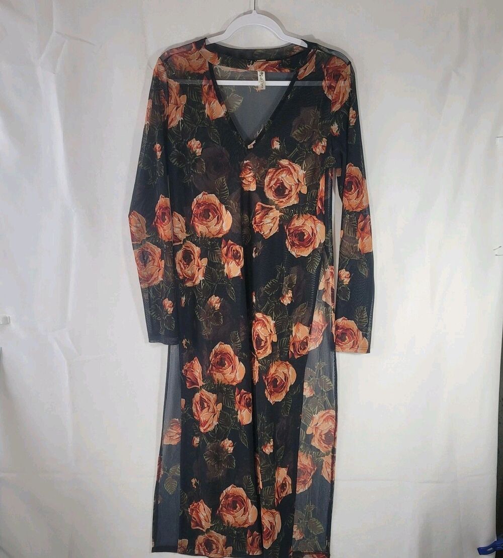 Topia Sheer Floral Mesh Maxi Dress Long Sleeve Side Slit Black Orange Rose SizeM